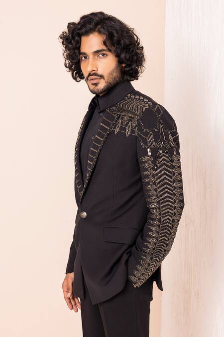 Shop Amit Arora Black Polyester Hand Embroidered Coat With Pant Shop_Amit Arora_Black Polyester Hand Embroidered Coat With Pant