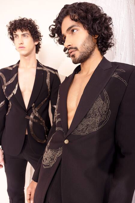 Amit Arora_Black Polyester Abstract Meta Work Coat With Pant _Online_at_Aza_Fashions