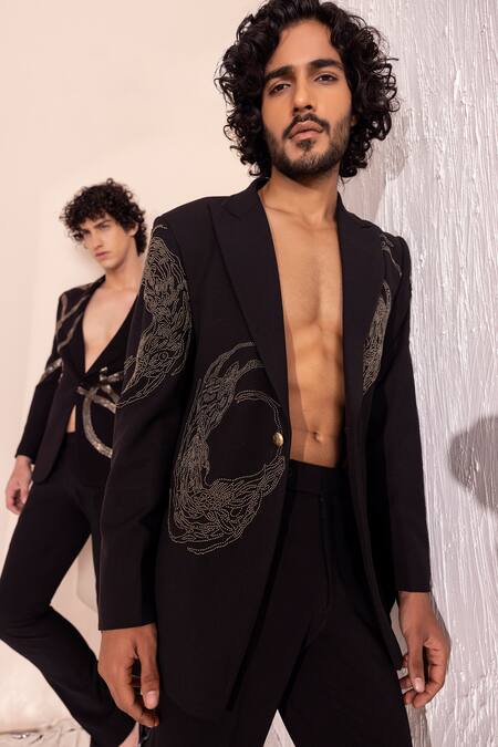 Buy_Amit Arora_Black Polyester Abstract Meta Work Coat With Pant _Online_at_Aza_Fashions