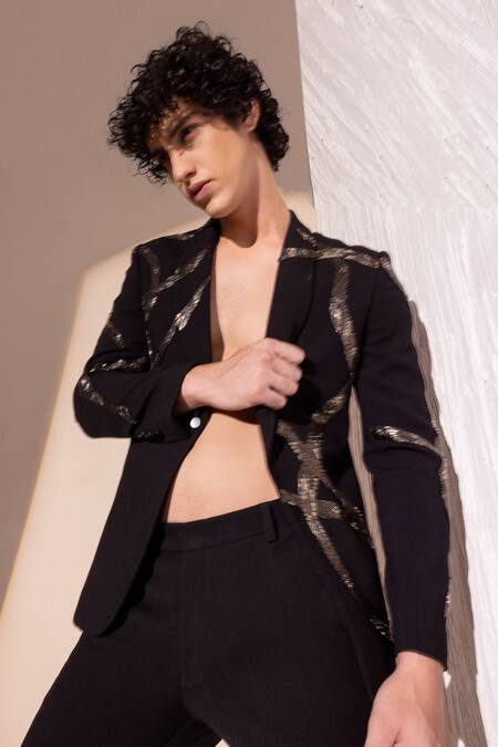 Amit Arora_Black Polyester Abstract Meta Work Coat With Pant _at_Aza_Fashions
