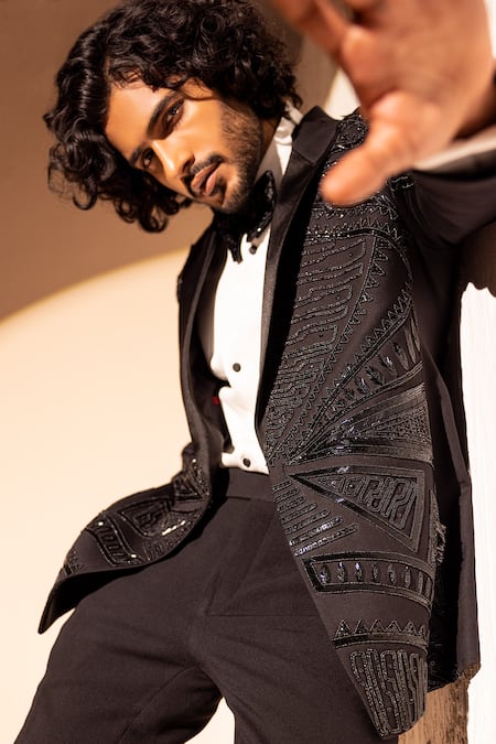 Shop Amit Arora Black Polyester Beads Geometric Pattern Embroidered Tuxedo Jacket With Pant at Aza Fashions Shop_Amit Arora_Black Polyester Beads Geometric Pattern Embroidered Tuxedo Jacket With Pant _at_Aza_Fashions