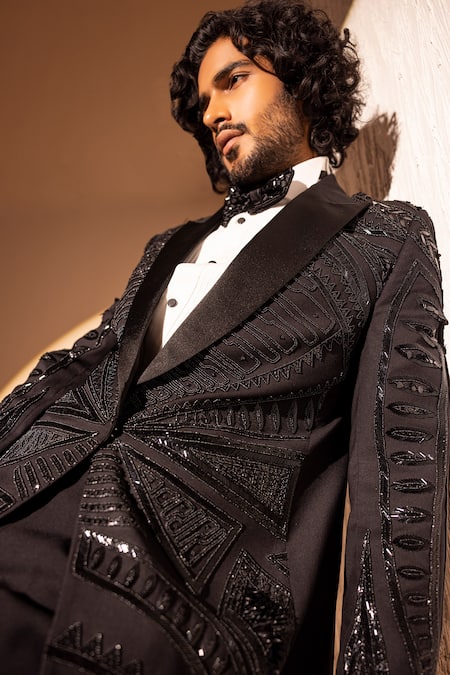 Buy Amit Arora Black Polyester Beads Geometric Pattern Embroidered Tuxedo Jacket With Pant Online at Aza Fashions Buy_Amit Arora_Black Polyester Beads Geometric Pattern Embroidered Tuxedo Jacket With Pant _Online_at_Aza_Fashions