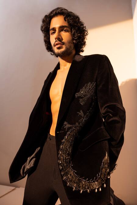 Amit Arora Black Cotton Embroidery Dragon Embellished Coat With Pant Online at Aza Fashions Amit Arora_Black Cotton Embroidery Dragon Embellished Coat With Pant _Online_at_Aza_Fashions