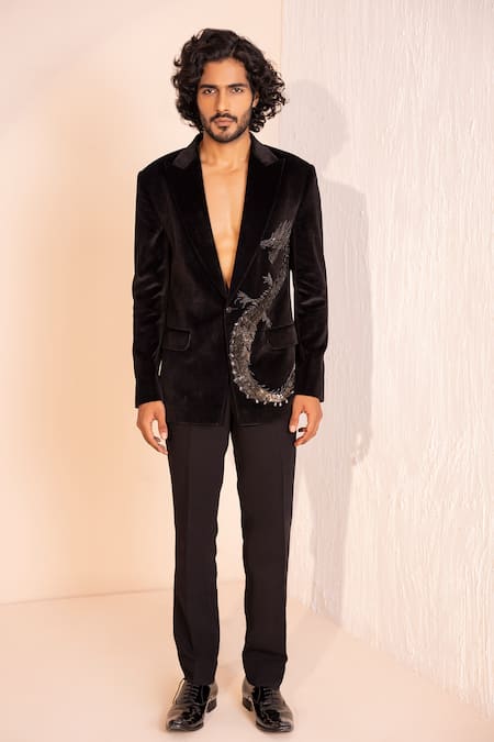 Buy Amit Arora Black Cotton Embroidery Dragon Embellished Coat With Pant Online at Aza Fashions Buy_Amit Arora_Black Cotton Embroidery Dragon Embellished Coat With Pant _Online_at_Aza_Fashions