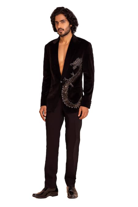 Amit Arora Black Cotton Embroidery Dragon Embellished Coat With Pant at Aza Fashions Amit Arora_Black Cotton Embroidery Dragon Embellished Coat With Pant _at_Aza_Fashions