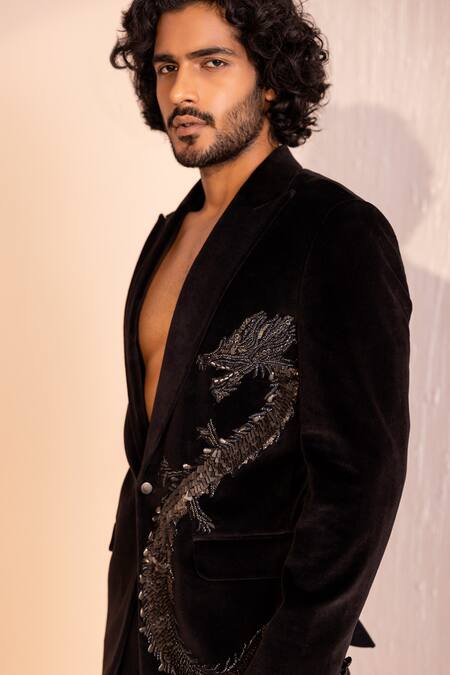 Shop Amit Arora Black Cotton Embroidery Dragon Embellished Coat With Pant Shop_Amit Arora_Black Cotton Embroidery Dragon Embellished Coat With Pant