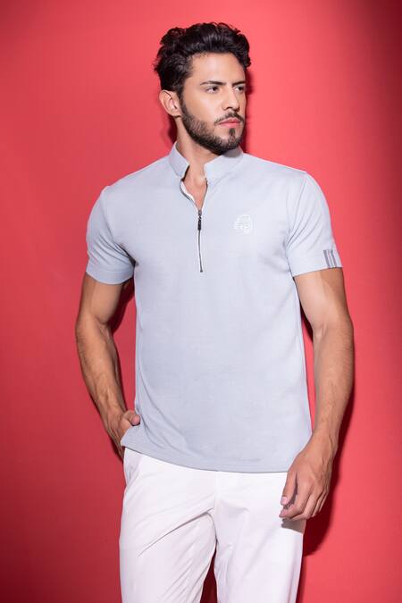 Amit Arora_Blue Poly-knit Textured Threadwork Knitted T-shirt _Online_at_Aza_Fashions