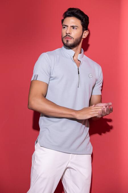 Buy_Amit Arora_Blue Poly-knit Textured Threadwork Knitted T-shirt _Online_at_Aza_Fashions