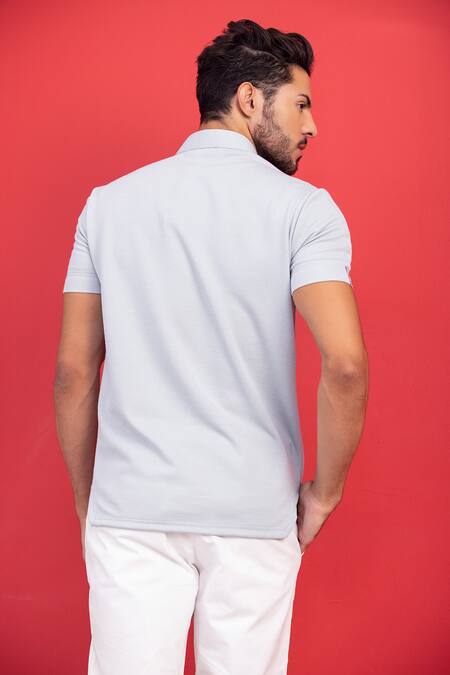 Shop_Amit Arora_Blue Poly-knit Textured Threadwork Knitted T-shirt _at_Aza_Fashions