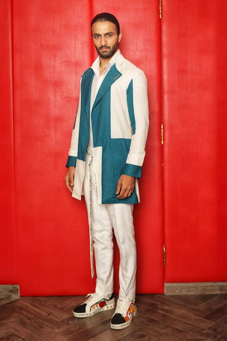 Ankur J_Blue Jason Textured Woven Colorblock Overlay Shacket Set _Online_at_Aza_Fashions