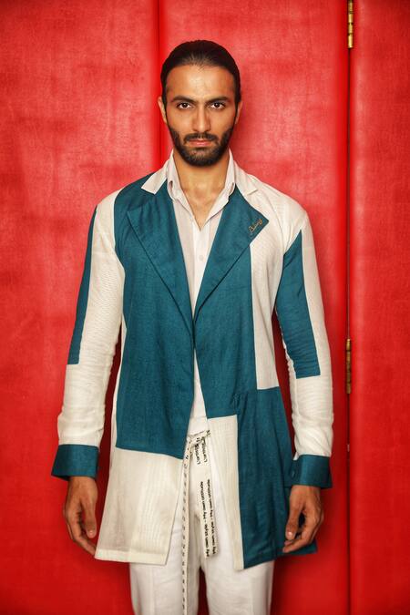 Buy_Ankur J_Blue Jason Textured Woven Colorblock Overlay Shacket Set _Online_at_Aza_Fashions