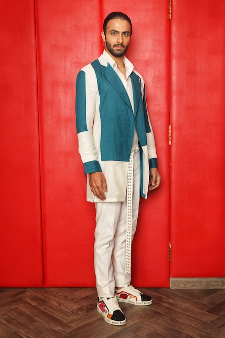 Shop_Ankur J_Blue Jason Textured Woven Colorblock Overlay Shacket Set _Online_at_Aza_Fashions