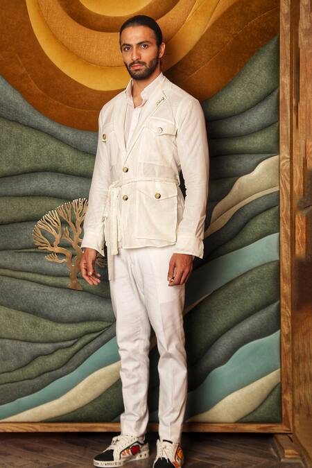 Ankur J_White Jason Textured Shacket Trouser Set _Online_at_Aza_Fashions