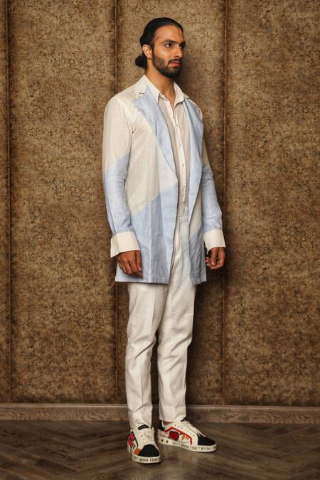 Ankur J_Blue Linen Textured Colorblock Shacket And Trouser Set _Online_at_Aza_Fashions