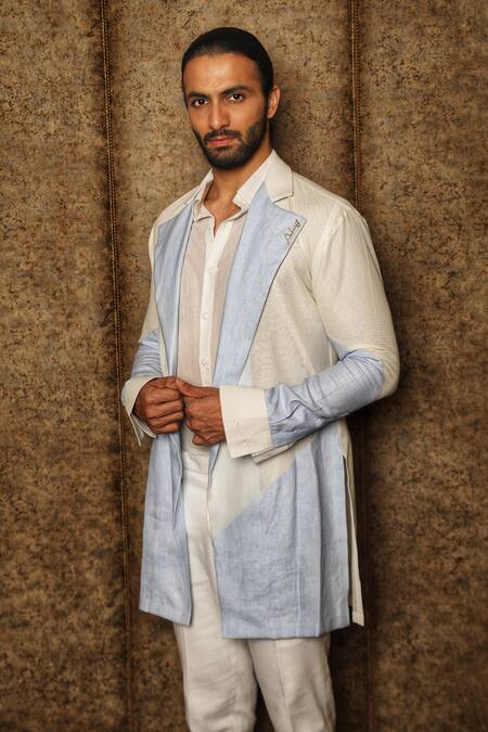 Shop_Ankur J_Blue Linen Textured Colorblock Shacket And Trouser Set _Online_at_Aza_Fashions