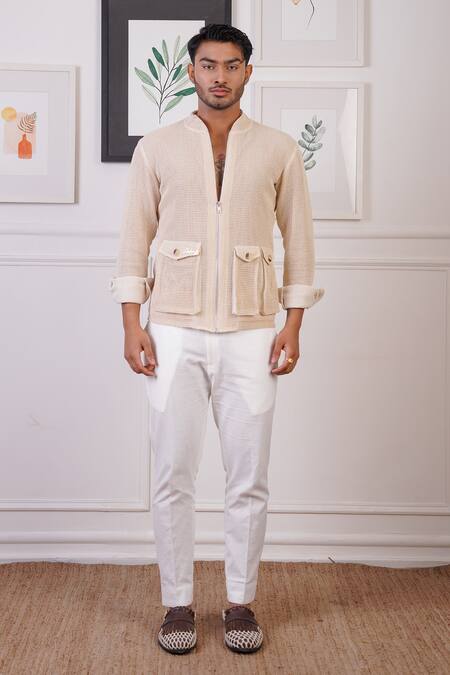 Ankur J_Beige Mesh Embellished Shirt _Online_at_Aza_Fashions