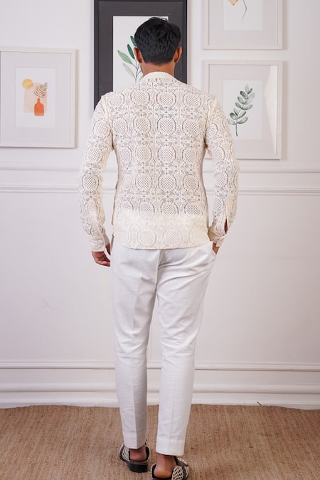 Shop_Ankur J_White Mesh Embellished Lace Shirt _at_Aza_Fashions