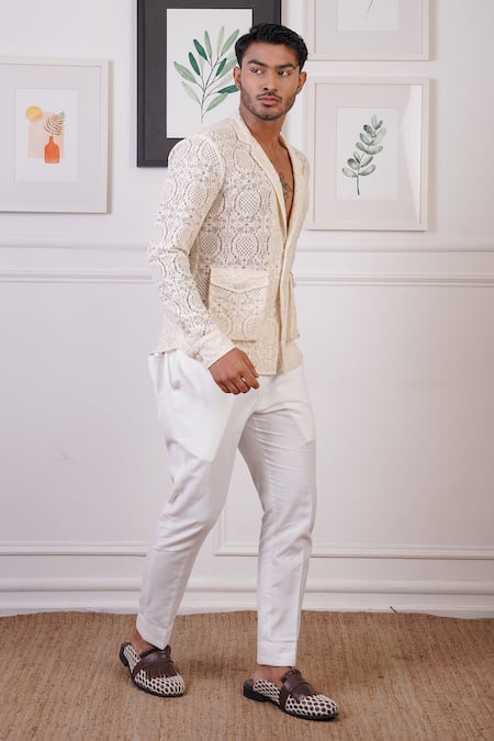 Ankur J_White Mesh Embellished Lace Shirt _at_Aza_Fashions
