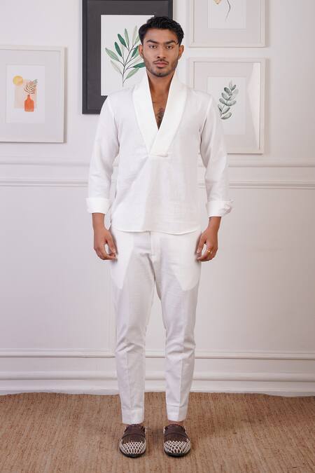 Ankur J_White Linen Plain Ribbed Shirt _Online_at_Aza_Fashions