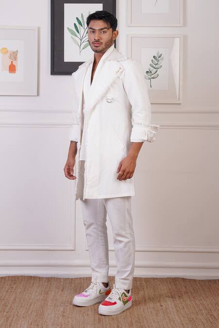 Buy_Ankur J_White Linen Embellished Fringe Bordered Overlay Pant Set _Online_at_Aza_Fashions