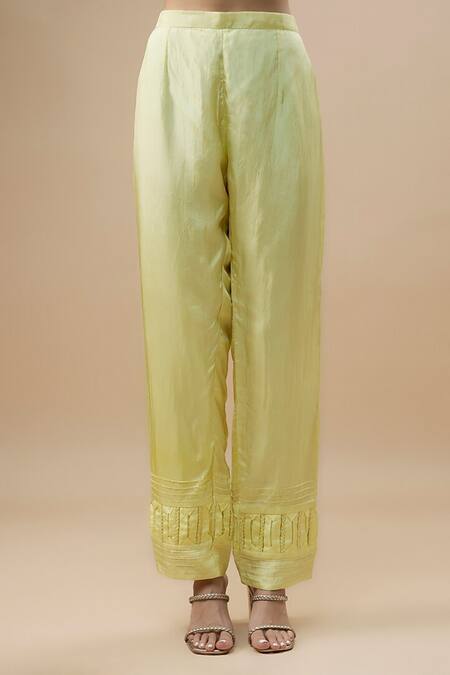 Label Deepshika Agarwal_Yellow Taffeta, Silk Embroidery V-neck Floral Jacket Pant Set _Online_at_Aza_Fashions