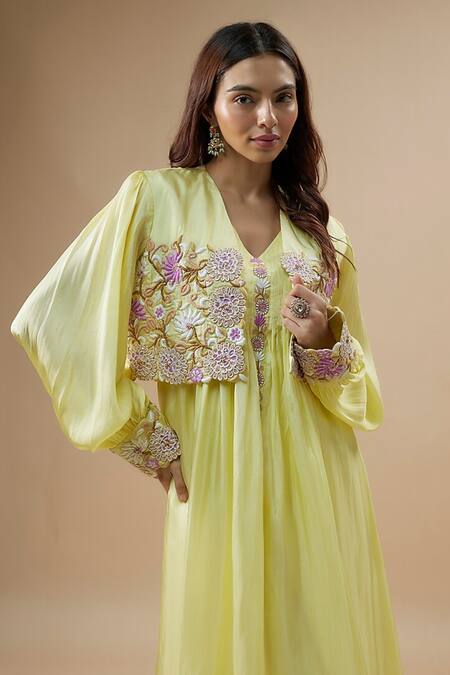 Buy_Label Deepshika Agarwal_Yellow Taffeta, Silk Embroidery V-neck Floral Jacket Pant Set _Online_at_Aza_Fashions