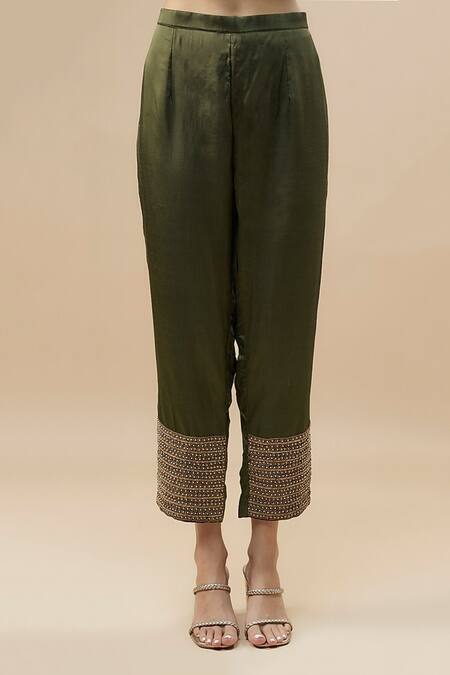 Label Deepshika Agarwal_Green Taffeta, Silk Embroidery, Zari Open Neck, Scoop Asymmetric Jacket Pant Set _Online_at_Aza_Fashions