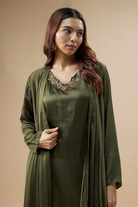 Buy_Label Deepshika Agarwal_Green Taffeta, Silk Embroidery, Zari Open Neck, Scoop Asymmetric Jacket Pant Set _Online_at_Aza_Fashions