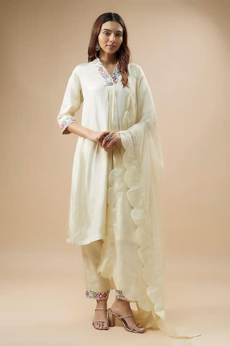 Label Deepshika Agarwal Ivory Couture Silk Embroidery Anchor Thread Cutwork Neckline Kurta Set 