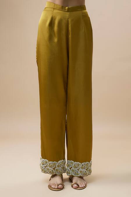 Label Deepshika Agarwal_Green Organza, Taffeta Embroidery V-neck Moti Hand Kurta And Pant Set _Online_at_Aza_Fashions