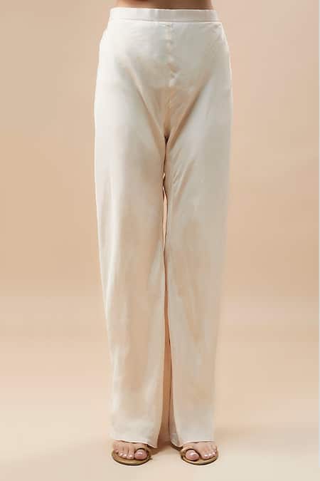 Label Deepshika Agarwal_Pink Taffeta, Silk Embroidery Round Neck Leaf Kurta And Flared Pant Set _Online_at_Aza_Fashions