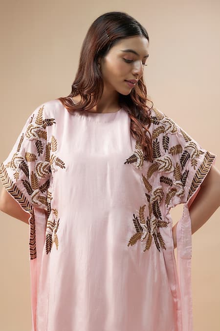 Buy_Label Deepshika Agarwal_Pink Taffeta, Silk Embroidery Round Neck Leaf Kurta And Flared Pant Set _Online_at_Aza_Fashions