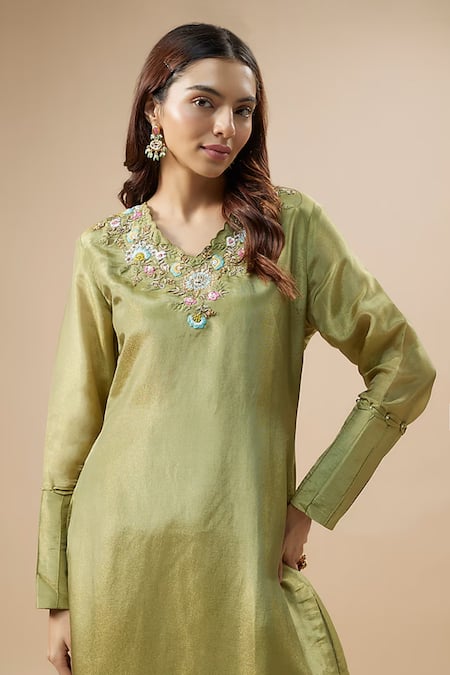 Buy Label Deepshika Agarwal Green Tissue, Silk, Taffeta Embroidery V-neck Zari Neckline Kurta And Pant Set Online at Aza Fashions Buy_Label Deepshika Agarwal_Green Tissue, Silk, Taffeta Embroidery V-neck Zari Neckline Kurta And Pant Set _Online_at_Aza_Fashions