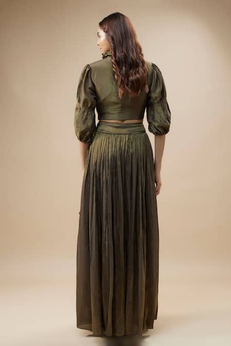 Label Deepshika Agarwal Zari Work Ruffle Top & Pleated Skirt Set 