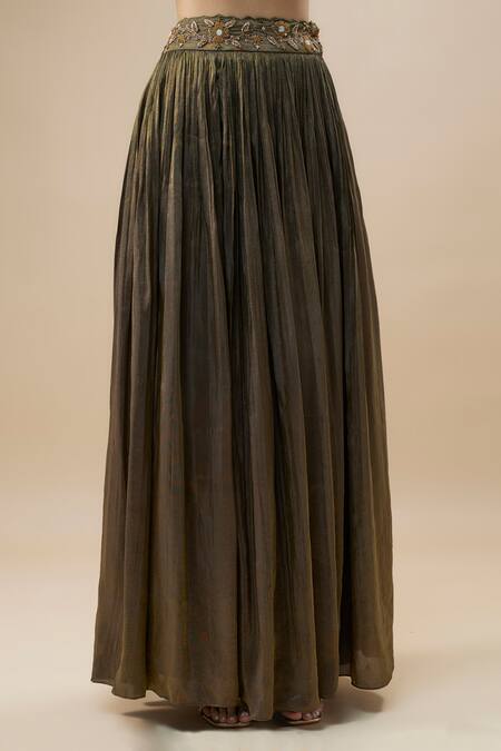 Label Deepshika Agarwal_Green Tissue, Silk, Taffeta Zari, Embroidery Work Ruffle Top And Pleated Skirt Set _Online_at_Aza_Fashions