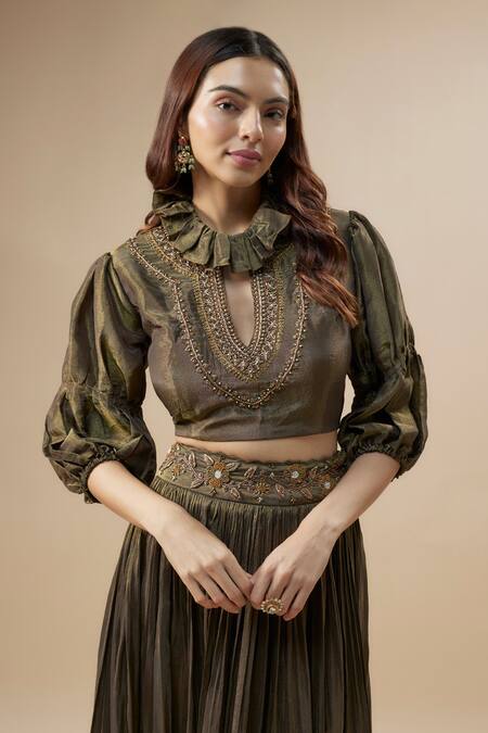 Buy_Label Deepshika Agarwal_Green Tissue, Silk, Taffeta Zari, Embroidery Work Ruffle Top And Pleated Skirt Set _Online_at_Aza_Fashions