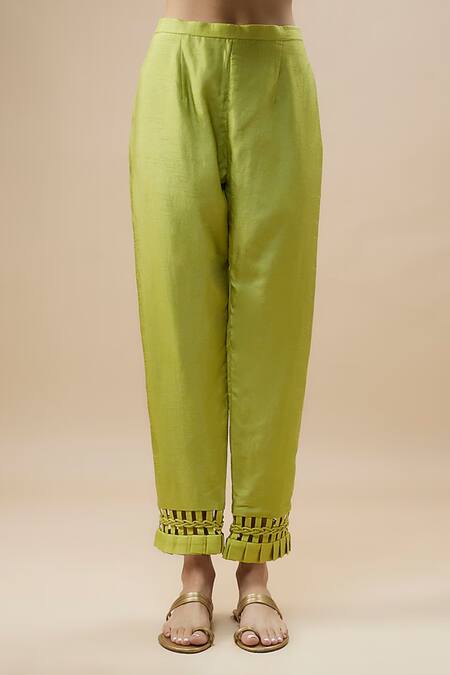 Label Deepshika Agarwal Green Cotton, Taffeta, Silk Embroidery V-neck Floral Sleeve Kurta And Pant Set Online at Aza Fashions Label Deepshika Agarwal_Green Cotton, Taffeta, Silk Embroidery V-neck Floral Sleeve Kurta And Pant Set _Online_at_Aza_Fashions