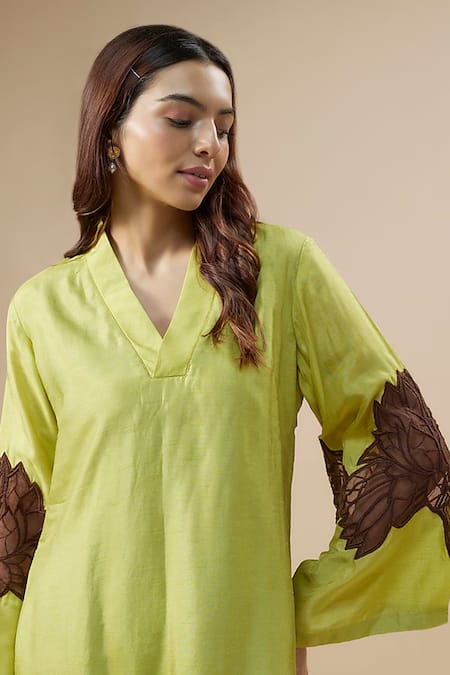 Buy Label Deepshika Agarwal Green Cotton, Taffeta, Silk Embroidery V-neck Floral Sleeve Kurta And Pant Set Online at Aza Fashions Buy_Label Deepshika Agarwal_Green Cotton, Taffeta, Silk Embroidery V-neck Floral Sleeve Kurta And Pant Set _Online_at_Aza_Fashions