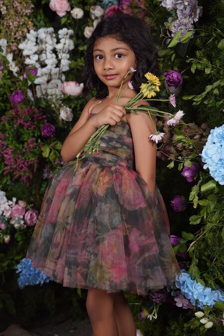 Panchhi By Kanupriya Tibrewala_Multi Color Tulle Lily Floral Print Pleated Short Dress_Online_at_Aza_Fashions