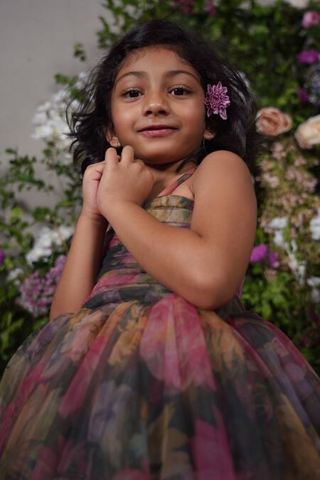 Buy_Panchhi By Kanupriya Tibrewala_Multi Color Tulle Lily Floral Print Pleated Short Dress_Online_at_Aza_Fashions