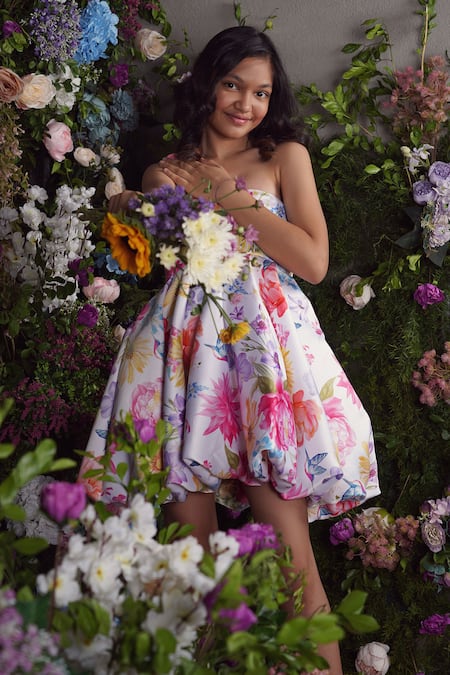 Panchhi By Kanupriya Tibrewala_Multi Color Satin Camellia Floral Print Tube Dress_at_Aza_Fashions