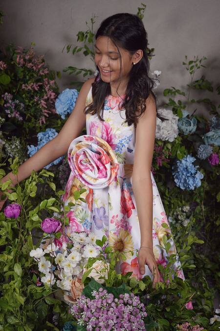 Panchhi By Kanupriya Tibrewala_Multi Color Satin Fabric Flowers Daisy Floral Print Midi Dress_Online_at_Aza_Fashions