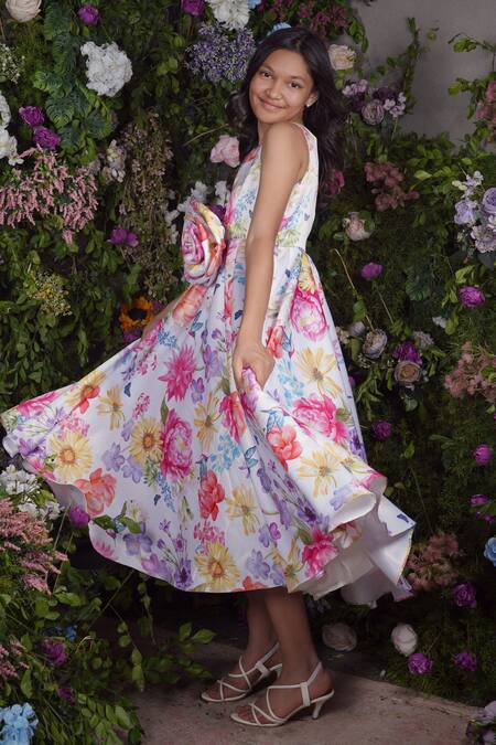 Panchhi By Kanupriya Tibrewala_Multi Color Satin Fabric Flowers Daisy Floral Print Midi Dress_at_Aza_Fashions