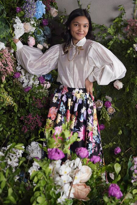 Buy_Panchhi By Kanupriya Tibrewala_Multi Color Satin Zari, Embroidery Dahlia Floral Print Skirt Set_Online_at_Aza_Fashions