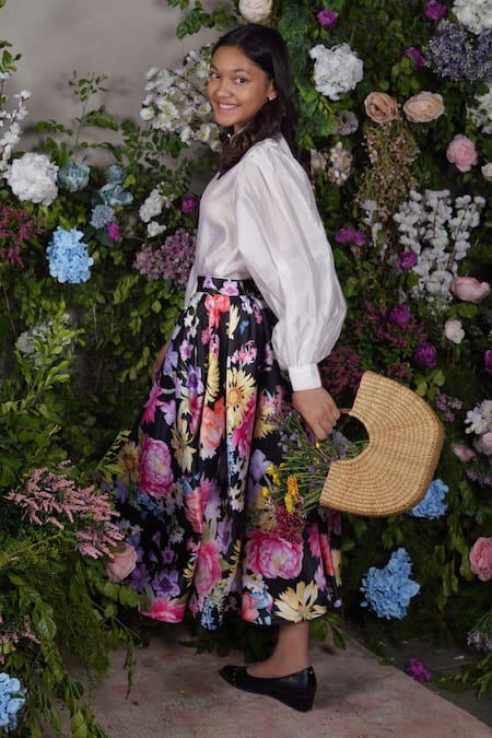 Panchhi By Kanupriya Tibrewala_Multi Color Satin Zari, Embroidery Dahlia Floral Print Skirt Set_at_Aza_Fashions