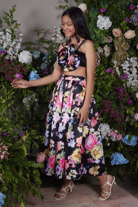 Panchhi By Kanupriya Tibrewala_Multi Color Satin Embroidery, Fabric Flowers Tulip Floral Print Top And Skirt Set_Online_at_Aza_Fashions