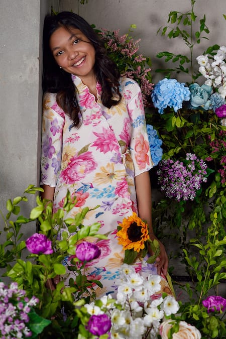 Buy_Panchhi By Kanupriya Tibrewala_Multi Color Georgette, Satin Iris Floral Print Overlapped Tunic And Palazzo Set_Online_at_Aza_Fashions