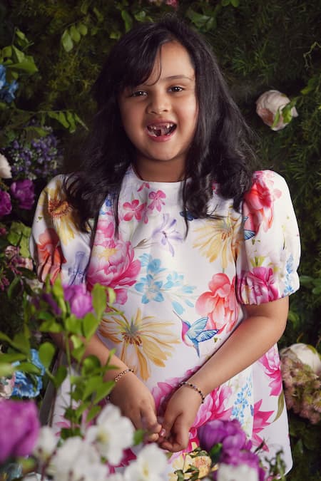 Panchhi By Kanupriya Tibrewala_Multi Color Satin Poppy Floral Print Short Dress_Online_at_Aza_Fashions