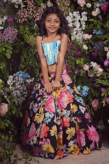 Buy_Panchhi By Kanupriya Tibrewala_Multi Color , Satin Embroidery Firefly Floral Print Lehenga Set_Online_at_Aza_Fashions