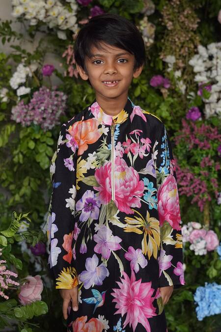 Shop Panchhi By Kanupriya Tibrewala Multi Color , Satin Firefly Floral Print Kurta And Pant Set at Aza Fashions Shop_Panchhi By Kanupriya Tibrewala_Multi Color , Satin Firefly Floral Print Kurta And Pant Set_at_Aza_Fashions